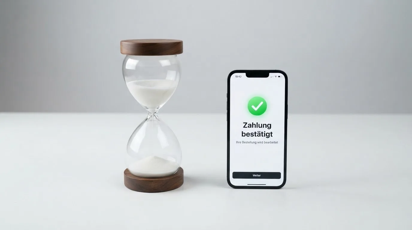 Nahaufnahme einer Sanduhr neben einem Smartphone-Bildschirm mit einer Zahlungsbestätigung.